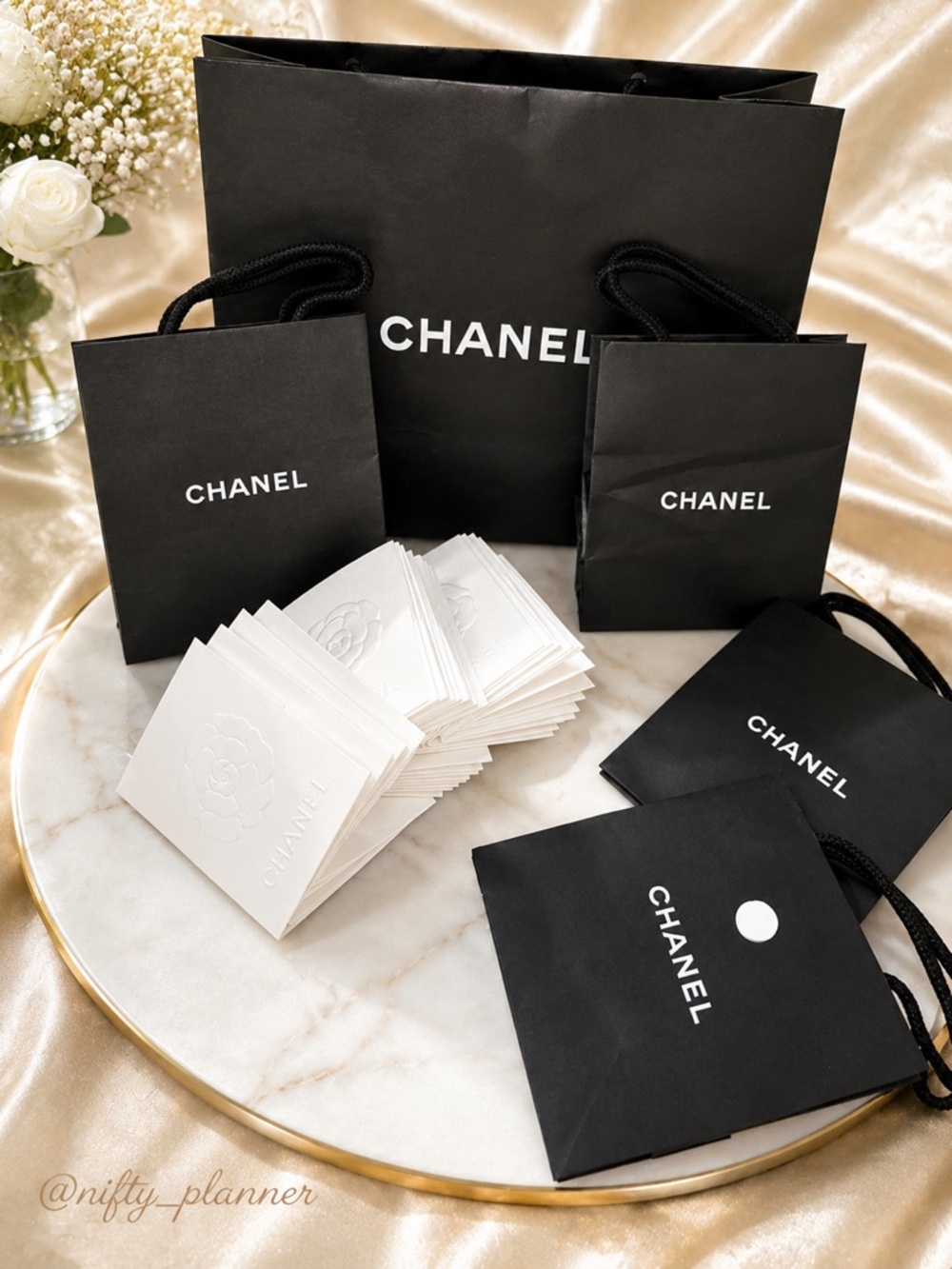 CHANEL Black and White Boutique Gift Bags with Embossed White Cards